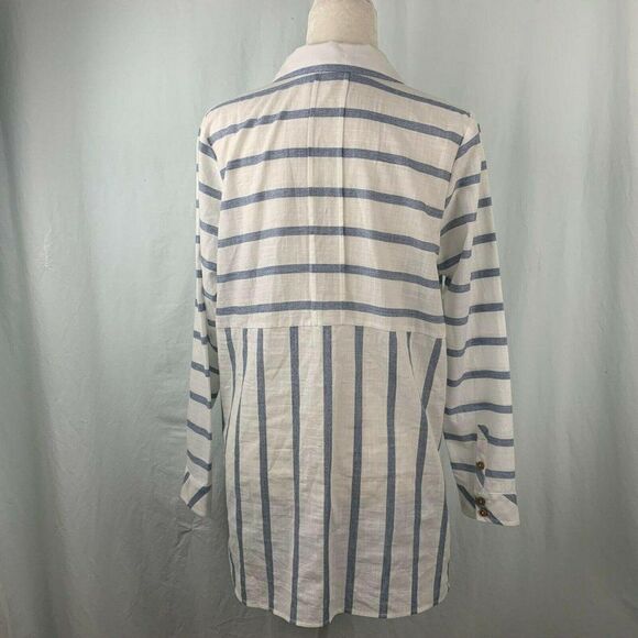 Soft Surroundings Modena Tunic Top M White Blue Striped Button Front Pockets - Picture 4 of 5